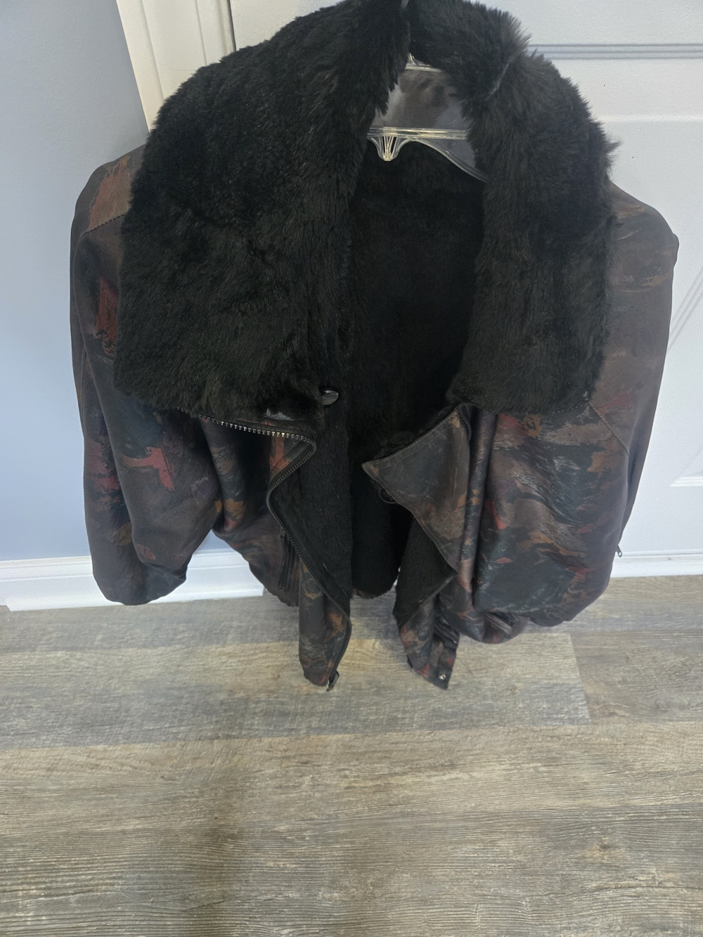 VTG Reversible Black Rabbit Fur Silk Bomber Jacket Abstract Pattern 80s 90s